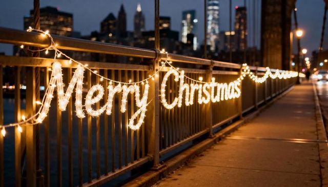 Glowing Merry Christmas garland stretching along bridge railing with city skyline at night