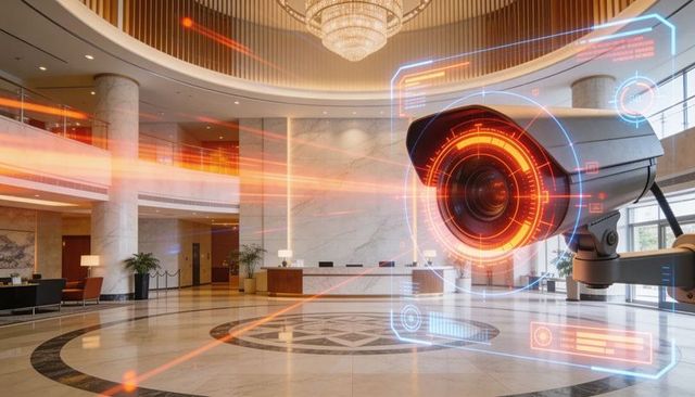 Hotel Lobby CCTV Scanning Entry with Holographic HUD and AI Motion Analytics