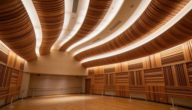 Acoustic rehearsal hall featuring wave-like slatted ceiling, timber panels, ballet barre