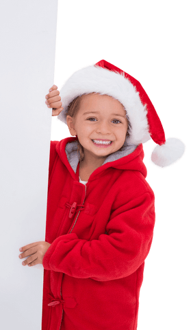 Cheerful Girl in Santa Hat Holding Transparent Banner