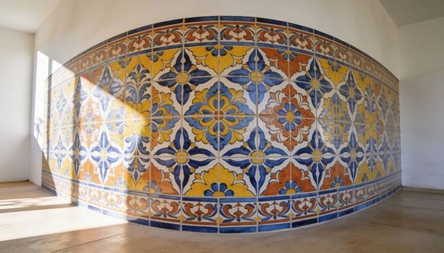 Curved ceramic tile wall with vibrant blue yellow orange floral geometric pattern