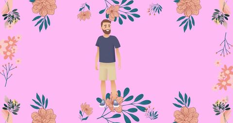 Illustration of man in casual attire surrounded by floral elements
