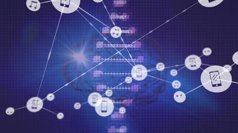 Digital Network with DNA and Brain Elements on Blue Background
