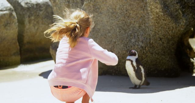 Young girl crouching down, intently observing a penguin on a sunny beach by large rocks. Perfect for concepts of wildlife bonding, curiosity in nature, family trips to the seaside, children's fascination with animals, childhood innocence, and outdoor activities.