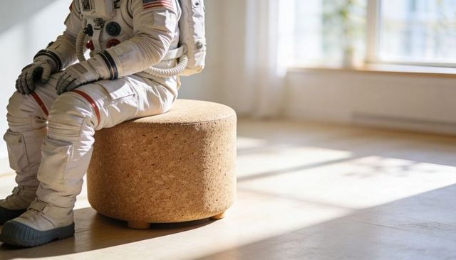 Sitting astronaut on cork ottoman in sunlit minimalist interior conveying solitude
