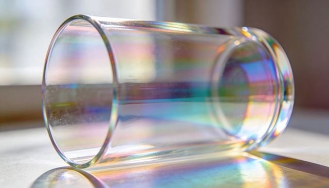 Iridescent glass tumbler casting prismatic rainbow spectrum on sunlit tabletop closeup