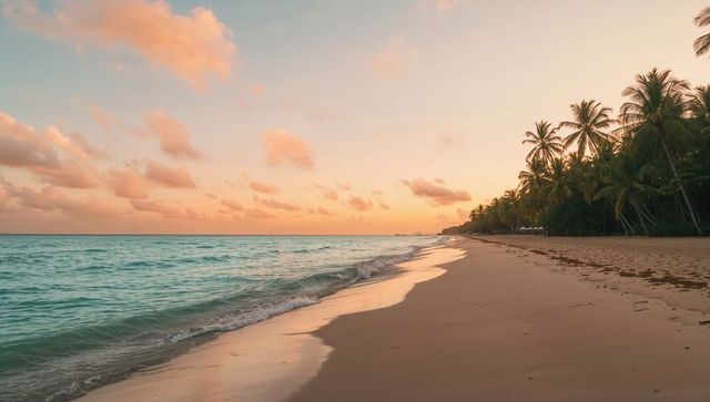 Tropical Beach Sunset with Golden Sands and Palm Trees