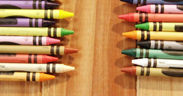 Colorful Crayons on Wooden Table, Lined Up in Rows - Download Free Stock Images Pikwizard.com