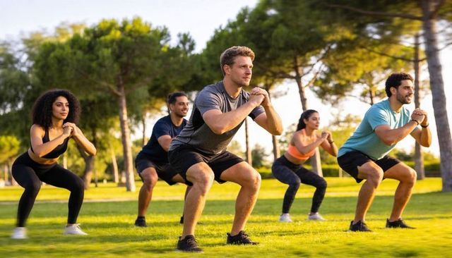 Outdoor fitness group performing squats in sunlit park with instructor leading session