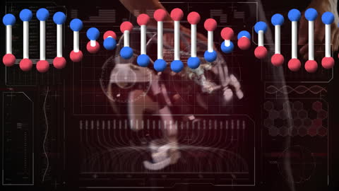 DNA Strand Overlay with Rugby Player and Data Graphics