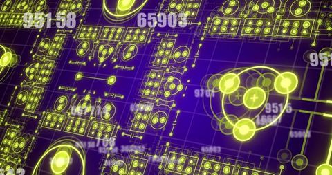 Futuristic digital interface with glowing numbers and abstract shapes