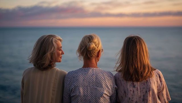 Three senior women watching sunset over calm ocean horizon, sharing quiet moment