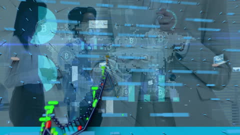 Global Business Team Analyzing Financial Data and Blockchain Technology