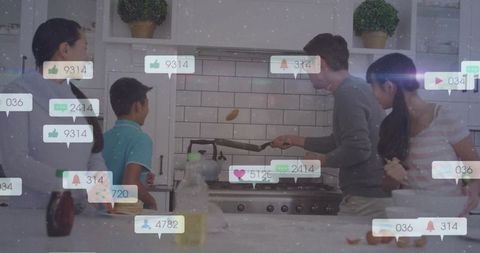 Family cooking with social notifications overlay showing digital distraction in kitchen