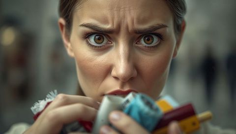 Furrowing brow woman examining colorful cards and receipts closeup showing tense focus