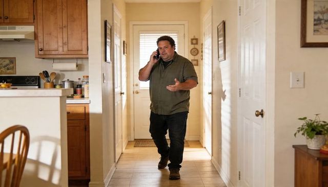 Middle-aged man walking, talking on smartphone in home hallway, casual domestic scene