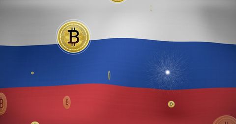 Bitcoin symbols floating over russian flag illustrating digital currency trends