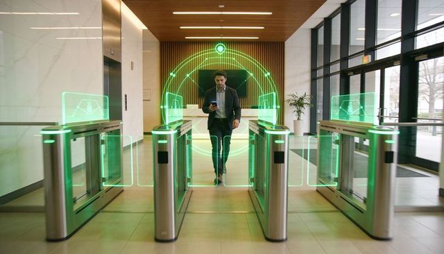 Businessman walking through biometric turnstiles holding smartphone with holographic access ui