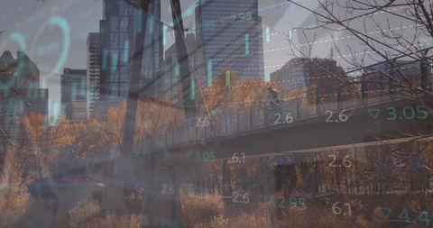 Financial Data Overlay Cityscape for Global Business Context