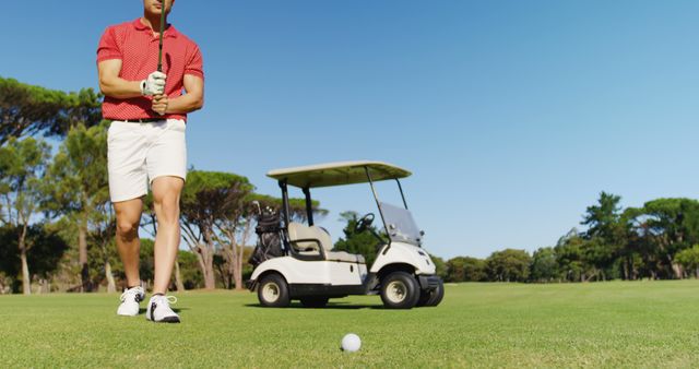 Golfer in red polo shirt and white shorts preparing to hit a golf ball on a well-maintained golf course with clear blue skies. A golf cart is in the background. Ideal for marketing golf resorts, golf equipment advertisements, or promoting outdoor sports and leisure activities.