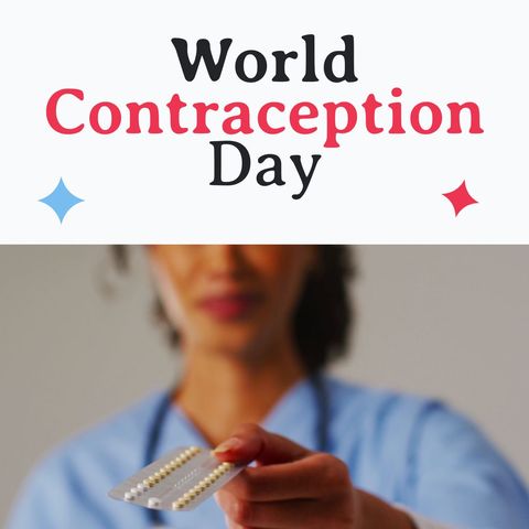 World contraception day awareness with female doctor and pills