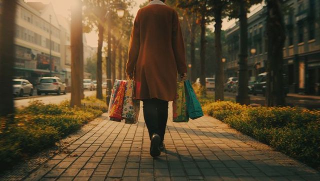Woman Strolling City Street with Eco-Friendly Shopping Bags