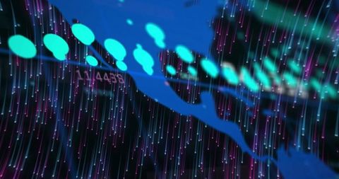 Neon Data Waveform with Cyan Nodes and Falling Particle Streams, Numeric Overlay