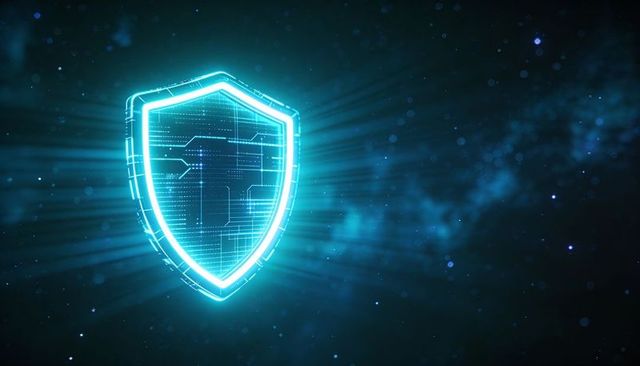 Glowing holographic shield protecting digital network with neon cybersecurity aura