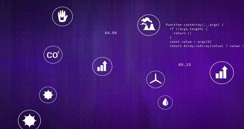 Purple data dashboard showing co2, emissions and energy icons with analytics readouts