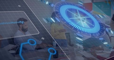 Bearded man taking notes during ar-enhanced presentation with futuristic hud overlay