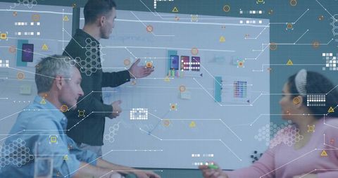 Casual Professionals Brainstorming with Digital Overlay Effects