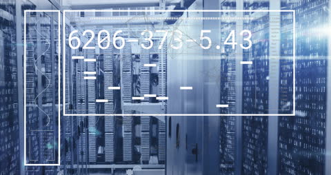 Futuristic Data Processing Animation in Server Room Environment