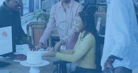 Black colleagues celebrating office birthday with cake during data meeting and teamwork