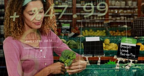 Woman selecting broccoli at organic market with augmented reality pricing and data overlay