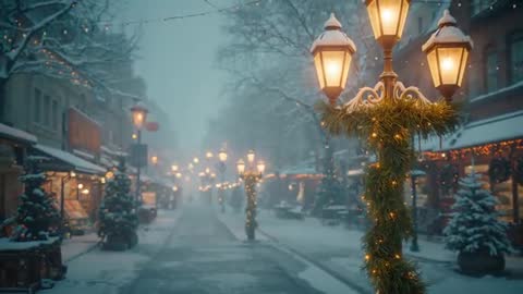 Garlanded Lamp Posts Illuminating Snowy Alley in Festive Winter Scene