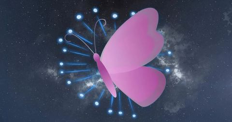 Pink butterfly in cosmic space with glowing nodes illustration