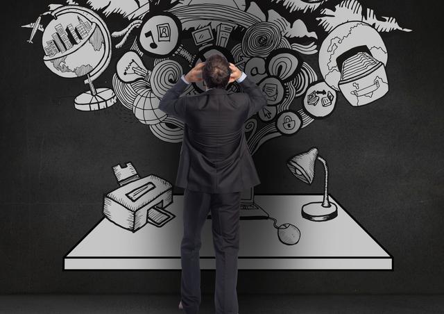 Businessman in a suit facing a chalkboard filled with intricate business-related graphics. Useful for depicting concepts such as business strategy, analysis, brainstorming, problem solving, and professional stress. Ideal for websites, blogs, and articles on business planning, management, and innovation.