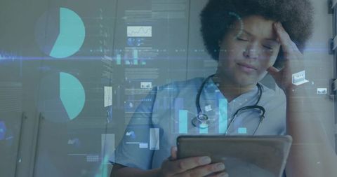 Nurse reviewing digital patient data on tablet experiencing fatigue with analytics overlay