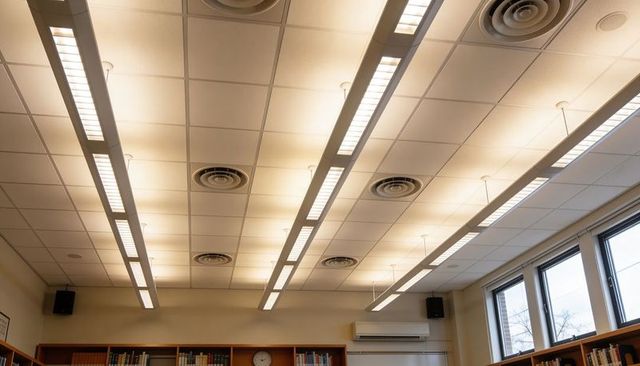Suspended linear lighting and acoustic ceiling grid in modern library interior with bookcases