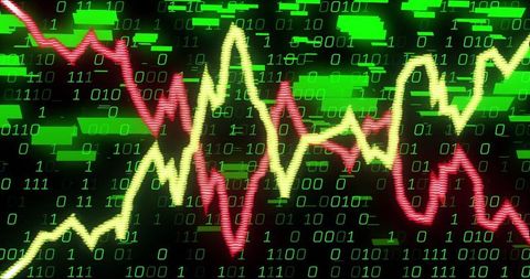 Displaying Neon Market Volatility Graphs Over Binary Data Stream, Futuristic Analytics