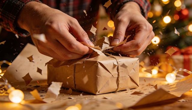 Hands unwrapping kraft-wrapped holiday gift tearing paper and twine with warm fairy light bokeh