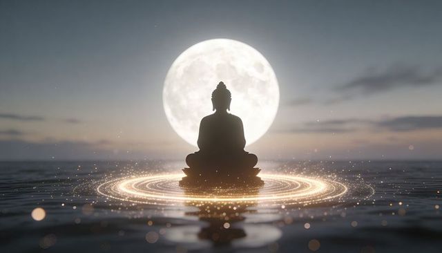 Buddha silhouette meditating on water with full moon and golden rings at dusk calm