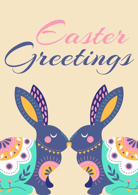 Celebrating Easter, the image features colorful patterned bunnies and decorative eggs, evoking joy and festivity. Ideal for invitations or seasonal social media posts, it captures the spirit of springtime renewal.