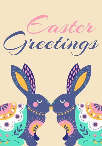 Celebrating Easter, the image features colorful patterned bunnies and decorative eggs, evoking joy and festivity. Ideal for invitations or seasonal social media posts, it captures the spirit of springtime renewal.