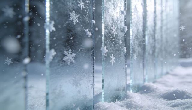 Glowing frosted glass panels reflecting snowflake frost in serene winter landscape