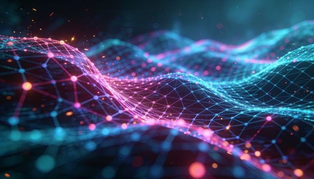 Neon mesh network wave visualizing digital data flow with glowing nodes and particles glow