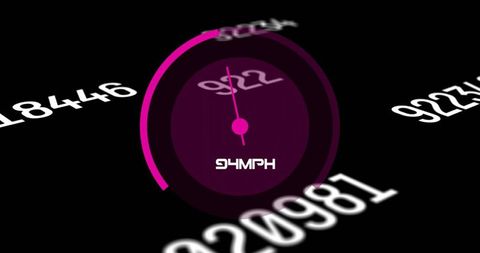 Displaying magenta circular gauge rotating needle toward 922 neon numeric hud speedometer