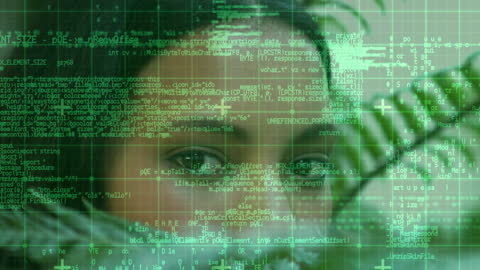 Digital Data Overlay on Woman's Face Illustrating Technology Concept