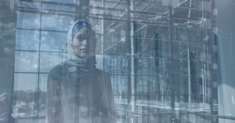 Businesswoman Walks Amidst Digital Data Projections Urban Setting