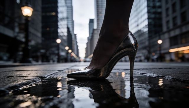 Silver stiletto reflecting in city puddle at dusk with sheer hosiery and glowing lamps, urban glamou